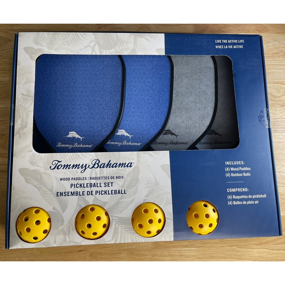 NEW Tommy Bahama Pickleball Set 4 Wood Paddles with 4 Yellow Game Balls 🥒🎾
